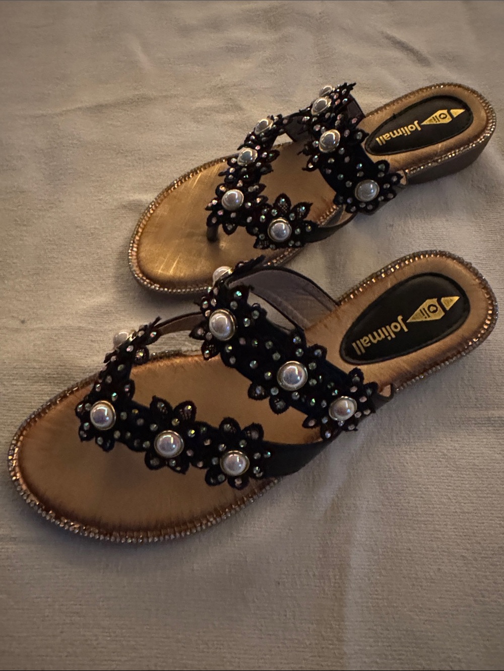 JoliMall - Black Slide Sandals - Rhinestone & Faux Pearls - Sz 39 (US 7.5 - 8) - Picture 7 of 10